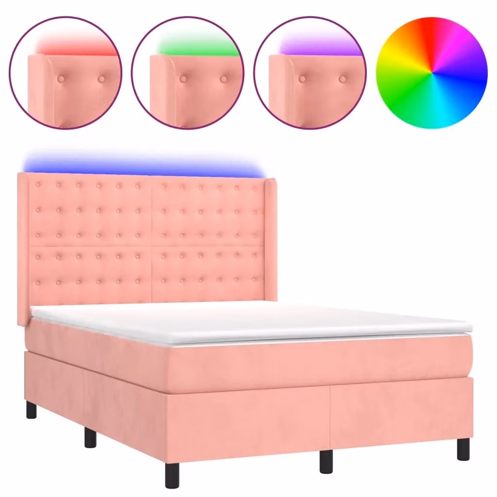 Letto Ibrido con Materasso e Illuminazione LED vidaXL in Velluto Rosa, L/P/H: 140 x 200 cm – 2