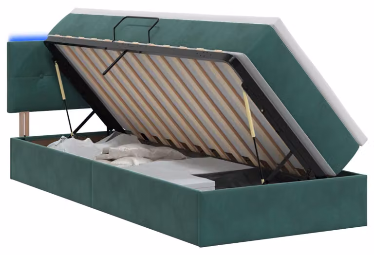 Letto imbottito con tecnologia LED e materasso, colore verde scuro, dimensioni 90 x 200 cm, rivestito in velluto