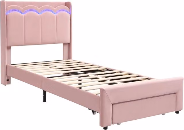 Letto per bambini 90×200 cm con cassetto, LED controllabile tramite applicazione e mensola, senza materasso, rosa
