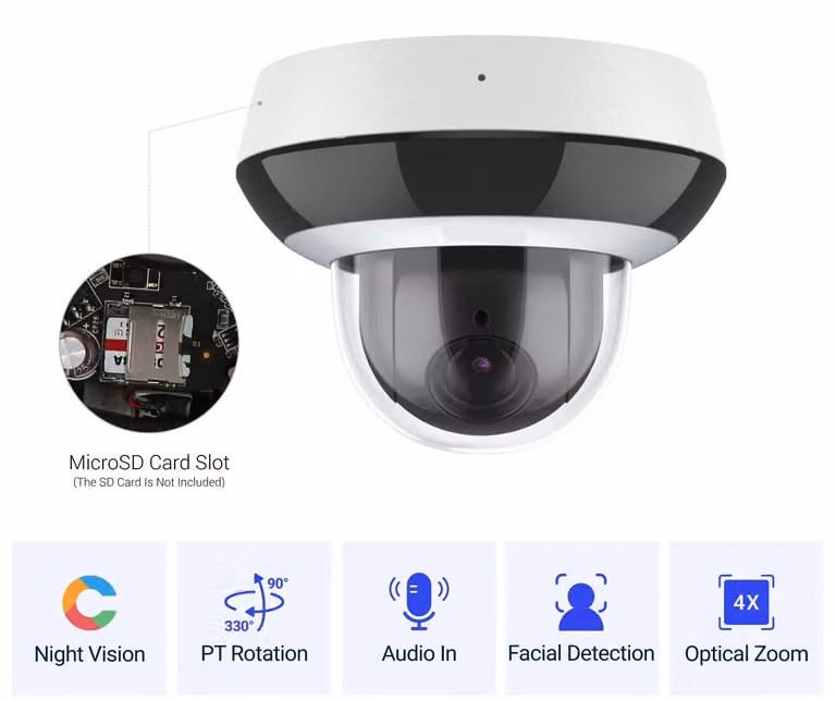 Telecamera di sicurezza PTZ da 4MP – Telecamera di sorveglianza IP per esterni con visione notturna e zoom ottico 4x – Bianca