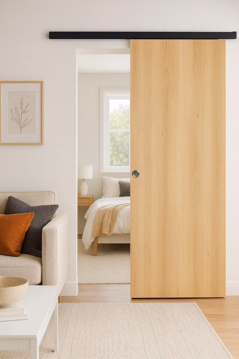 Porta scorrevole in rovere miele H204 x L93 cm, binario in alluminio con bandeau nero, conchiglie Gd Menuiseries