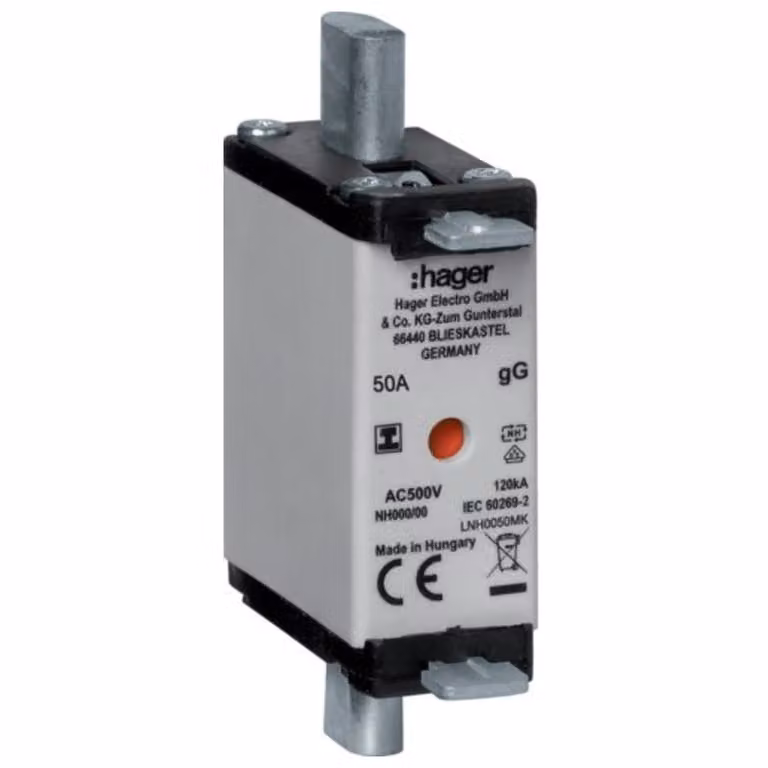 3 unità Fusibili Hager NH NH000 gG, 500 V, linguetta di presa isolata, 50 A LNH0050MK