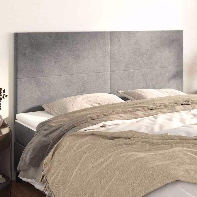 Testiera per letto vidaXL in velluto grigio chiaro con pannello imbottito, L: 200 cm, H: 118/128 cm, P: 5 cm