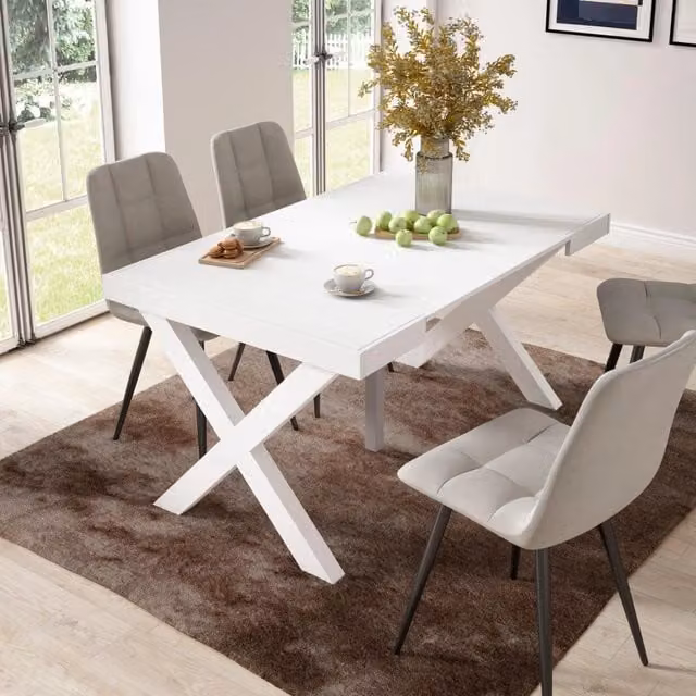 Consolle allungabile, 58 fino 140x90x73cm, Per 6 persone, Gambe in legno, Bianco RF2725