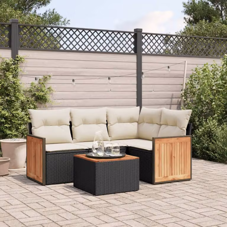 Set di Divani da Giardino vidaXL 5 Pezzi in Polyrattan Nero con Cuscini e Tavolino da Esterno a Forma di L