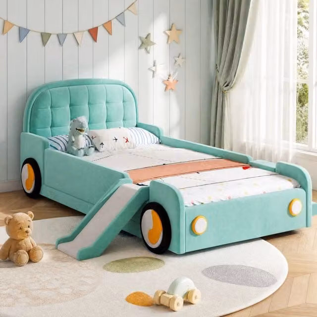 Letto per bambini a forma di auto 90x200 cm con scivolo e scala in velluto blu-verde HAVRYA