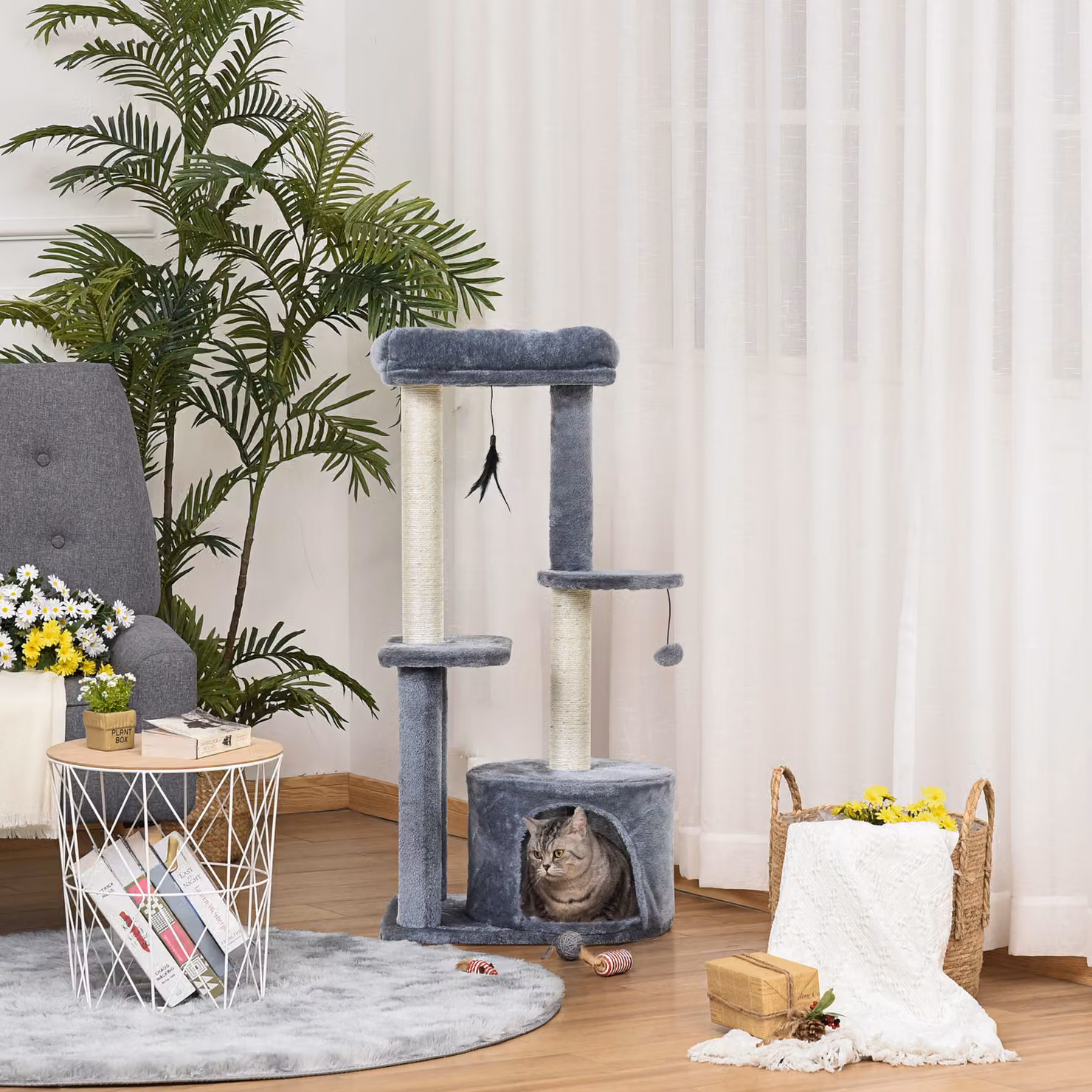 Albero Tiragraffi per Gatti PawHut Aosom con Cuccia, Colonna in Sisal e Giocattoli Integrati, Grigio e Bianco, Altezza: 147 cm – 2