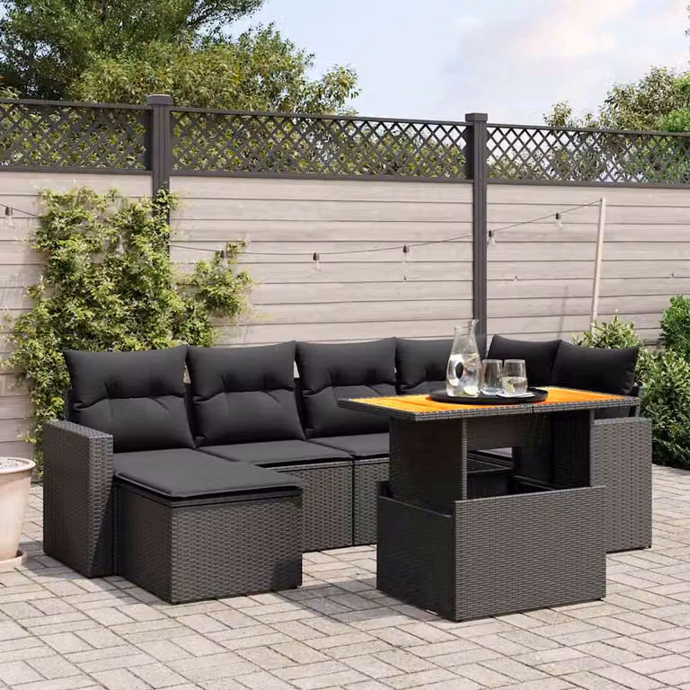 Set Divani da Giardino a L vidaXL in Polyrattan Nero con 7 Pezzi e Cuscini Imbottiti