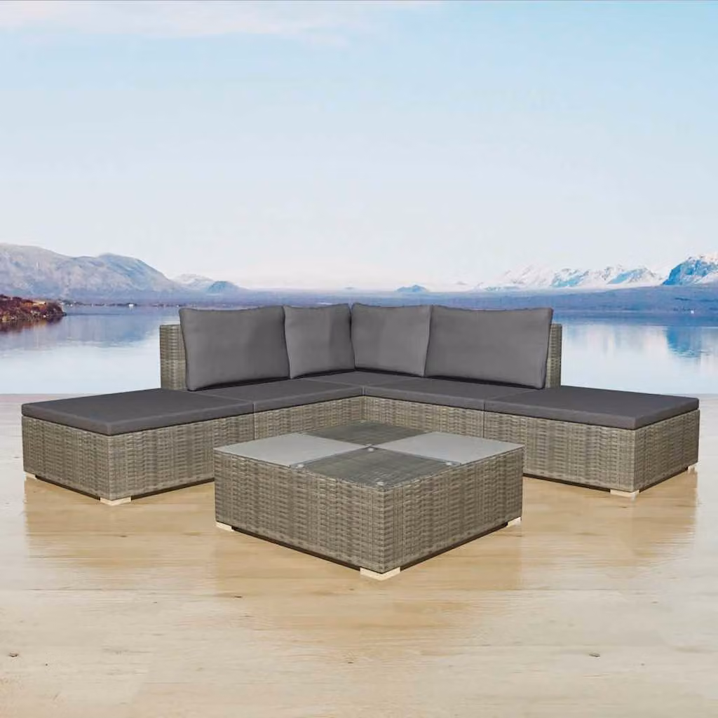 Set Divani da Giardino vidaXL 6 pz con Cuscini e Tavolino, Design Moderno a L in Polyrattan Grigio con Struttura in Acciaio