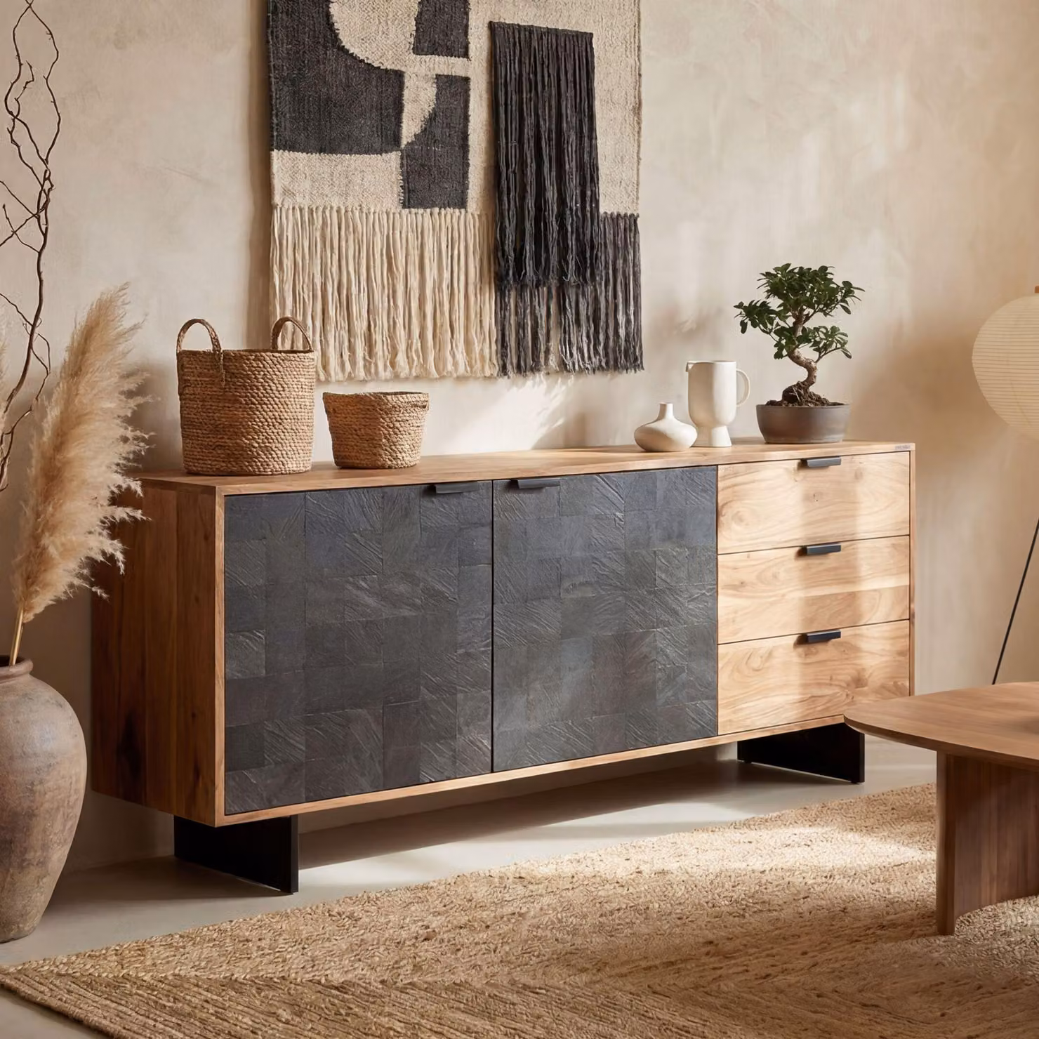 FineBuy Credenza in legno massiccio di acacia 175 cm 2 ante e 3 cassetti - Cassettiera solida retrò effetto pietra - Credenza di design naturale - Fatto a mano Industriale