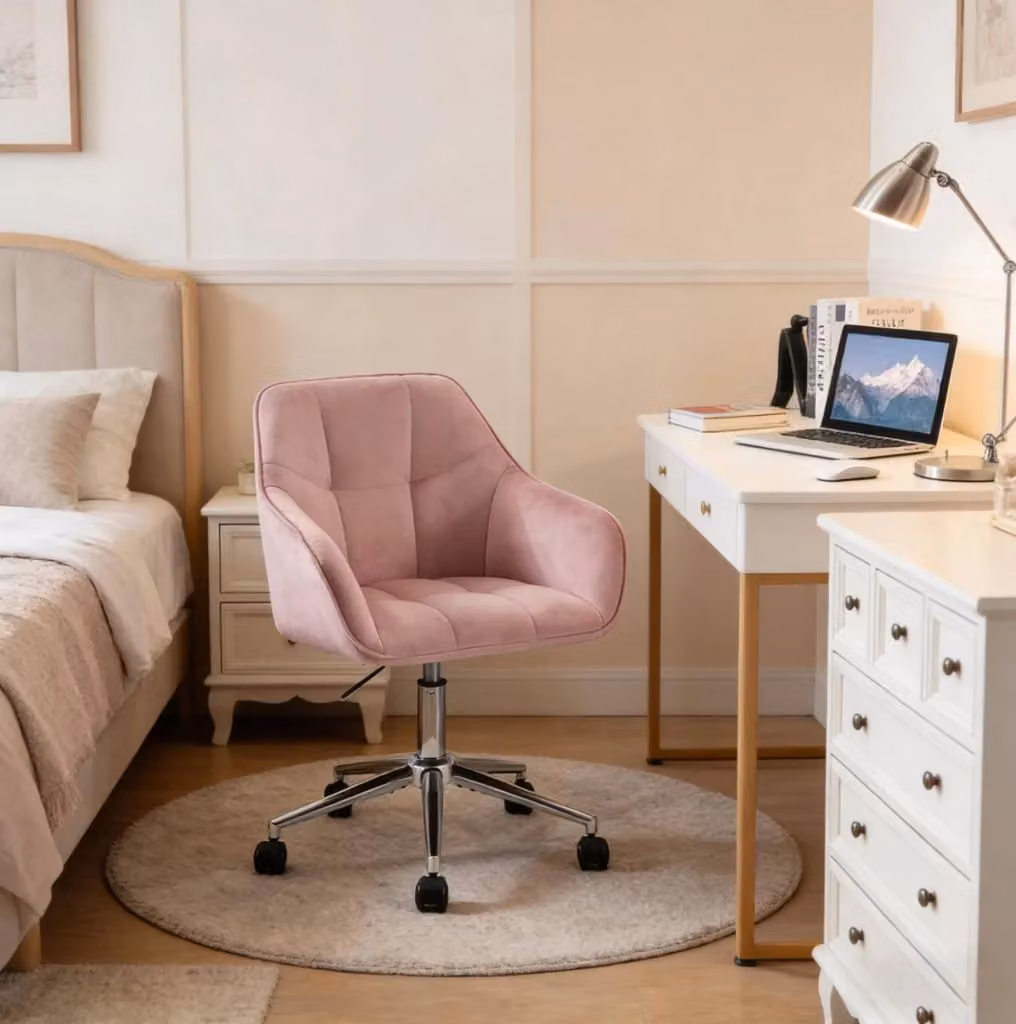 Sedia da ufficio ergonomica moderna in velluto rosa con braccioli, ruote e base in metallo per casa e ufficio – 2