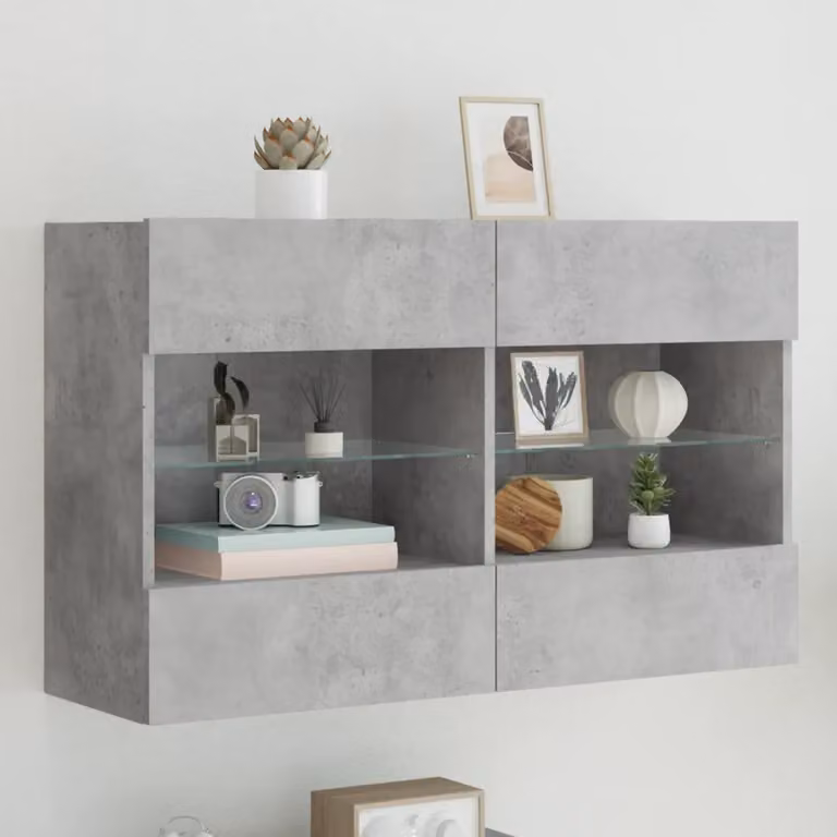 Mobile TV a parete vidaXL con luci LED integrate, Grigio Cemento, L: 98,5 cm, P: 30 cm, H: 60,5 cm