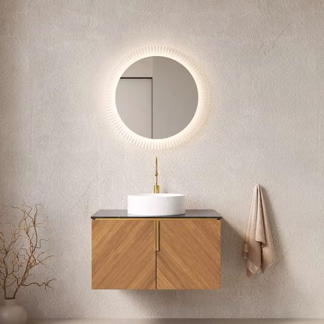 Mobile lavabo sospeso 76 cm in compensato marrone, lavabo bianco, vano portaoggetti –