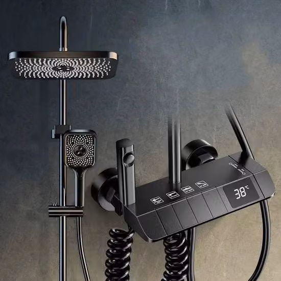 Kit di doccia bagno con 4 funzionalità display digitale - termostato - miscelatore - scarico a doppia valvola - rubinetterie in rame
