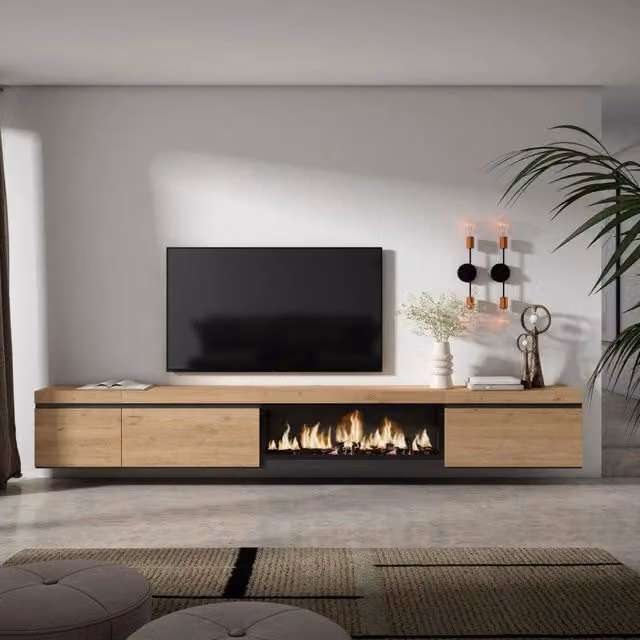 Mobile TV Soggiorno, 317x35x45cm, Camino elettrico XXL, da appendere, colore Rovere RF3677
