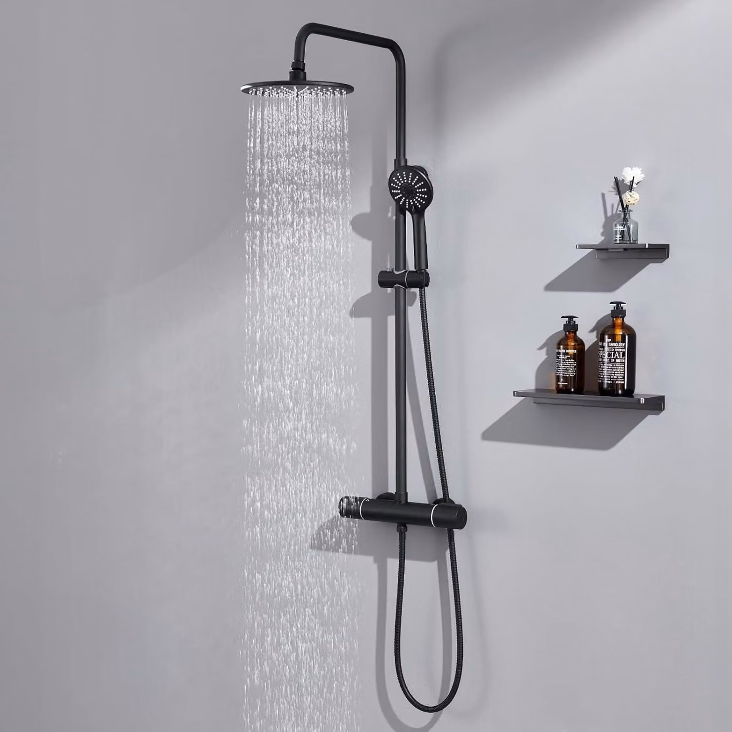 Sistema doccia Auralum termostatico nero doccia a pioggia regolabile in altezza acciaio inox 3 tipi di getto