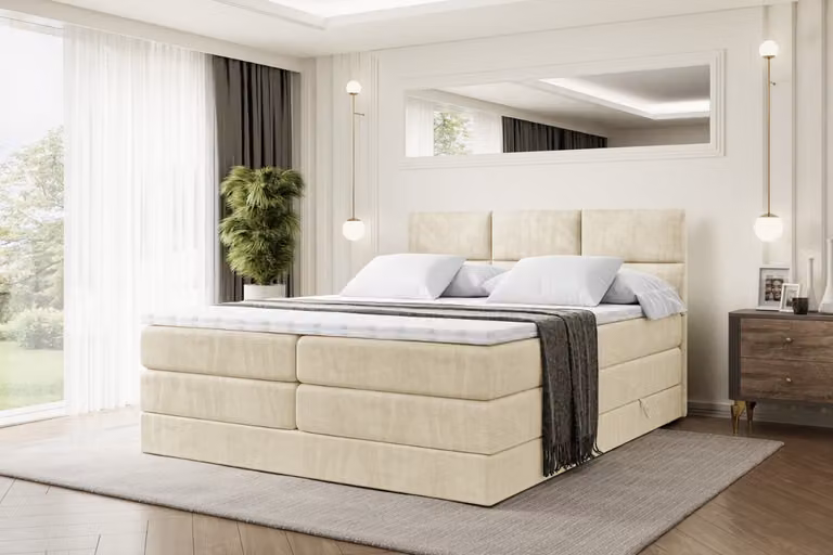 Letto boxspring ALTDECOR con 2 materassi e topper - 120x200 cm - OHIO KING - Velluto beige - Letto imbottito con materassi H3 e H4, contenitore e rete a doghe, letto con spazio contenitivo
