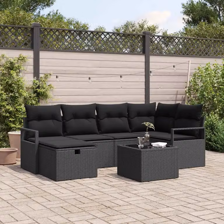 Set di divani da giardino vidaXL a forma di U composto da 7 pezzi con cuscini e contenitore Nero