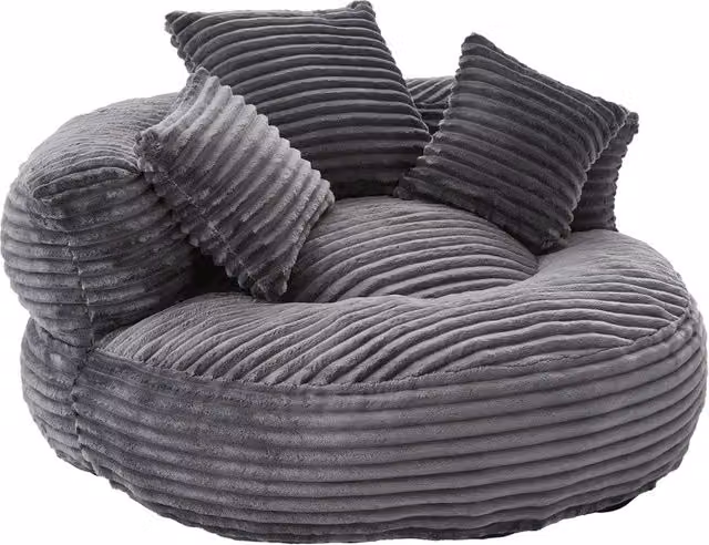 Poltrona a sacco in velluto a coste con schienale alto e tre cuscini, 108x108x52 cm, colore grigio scuro