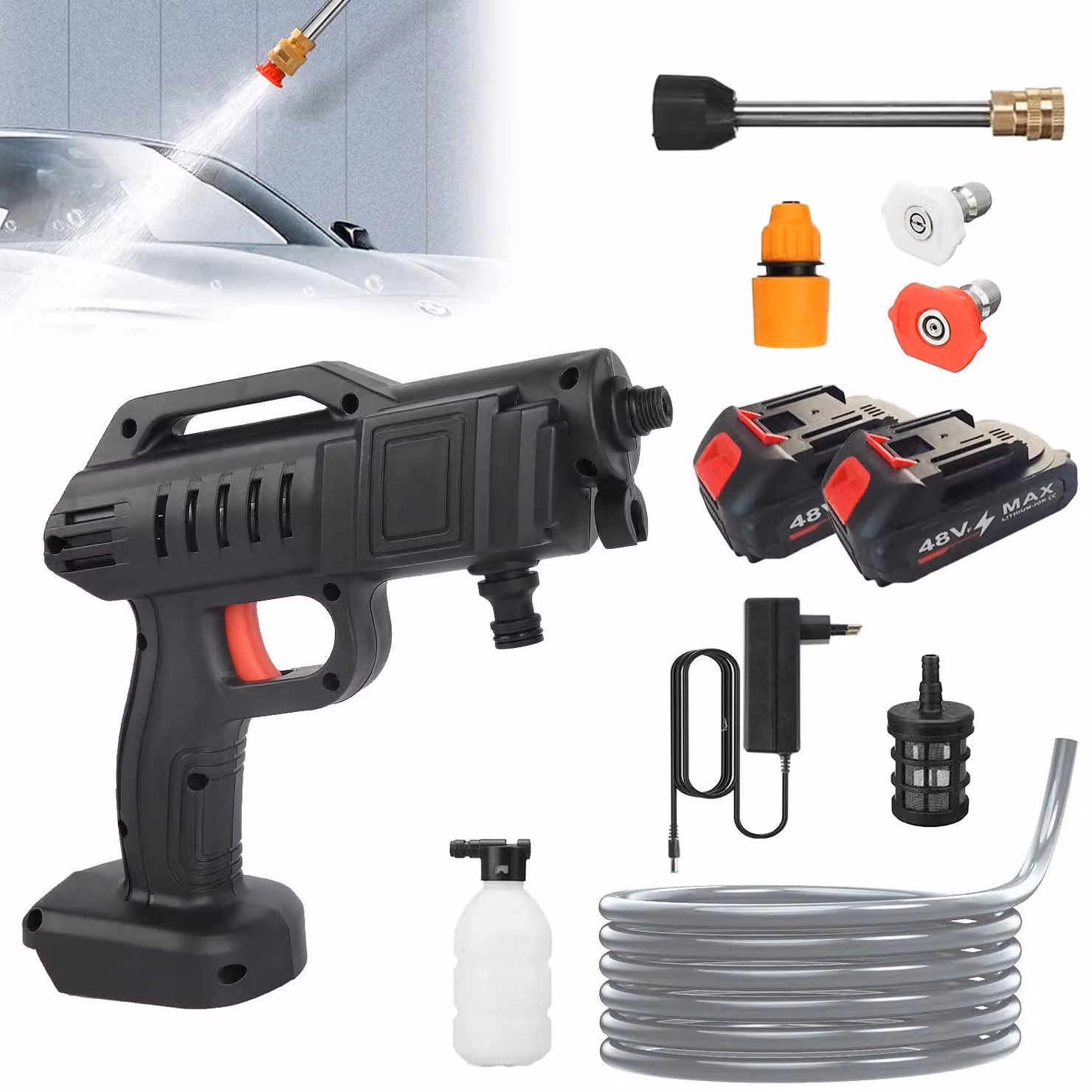 Idropulitrice a batteria - 48V 1500W, lavaauto - 40-50 bar - Autoadescante - 2 batterie da 6000mAh - Con flacone per schiuma