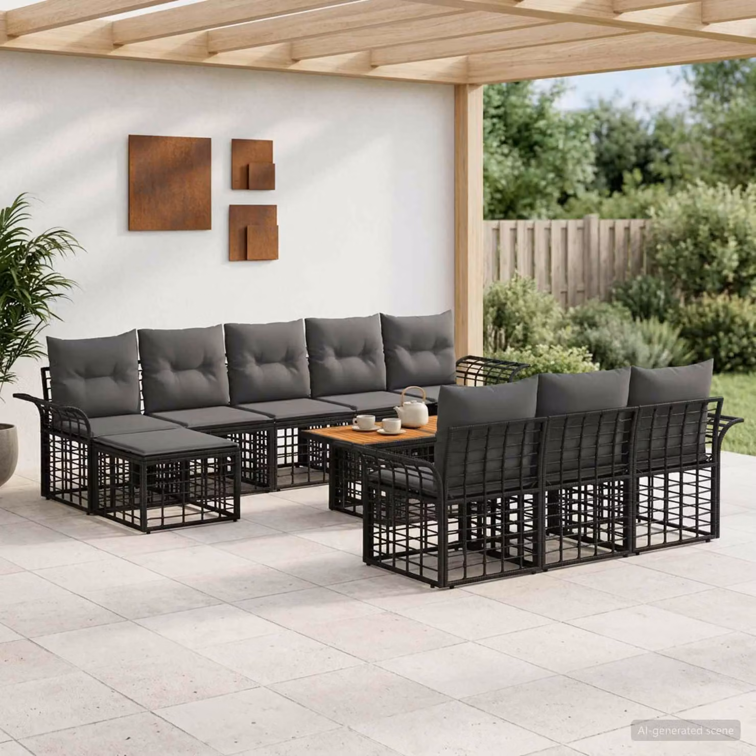 Set Divano da Giardino vidaXL 11 pz a forma a U in Polyrattan con Tavolino e Ottoman, Colore Nero e Grigio
