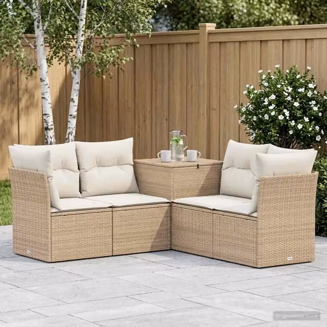 Set di divani da giardino a forma di L vidaXL in polyrattan beige e bianco con cuscini inclusi