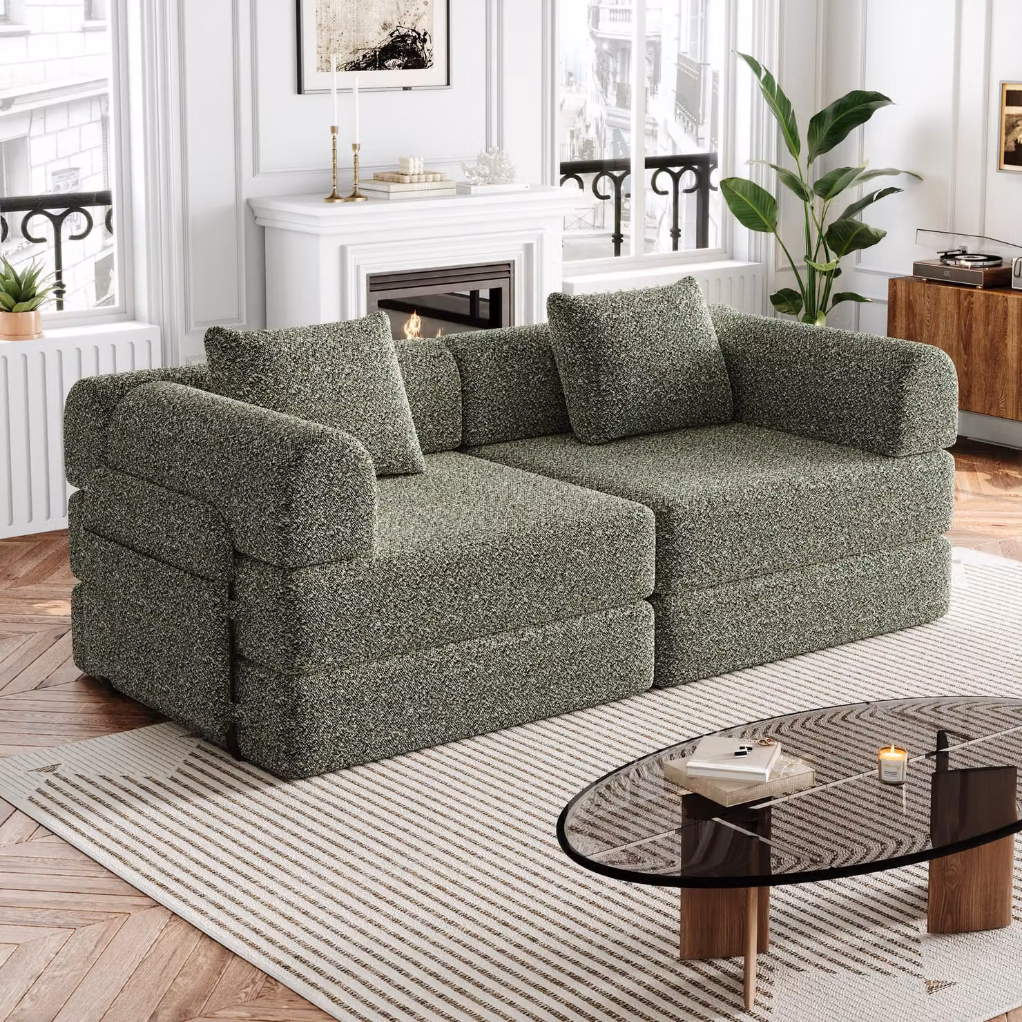Divano letto imbottito in chenille, 2-in-1, con vano portaoggetti nell'bracciolo, struttura in metallo, disponibile in diverse configurazioni