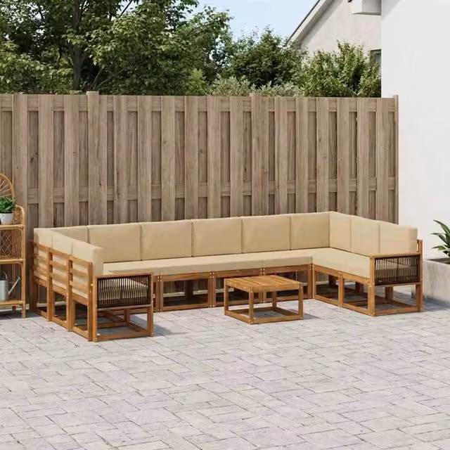 Set di divani da esterno vidaXL in legno di acacia con cuscini, colore beige e marrone, 11 pezzi – 1
