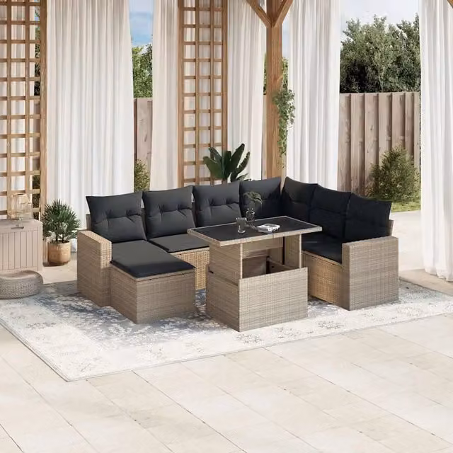 Set Divano da Giardino a L vidaXL 8 Pezzi con Cuscini Grigio Antracite e Tavolino in Vetro