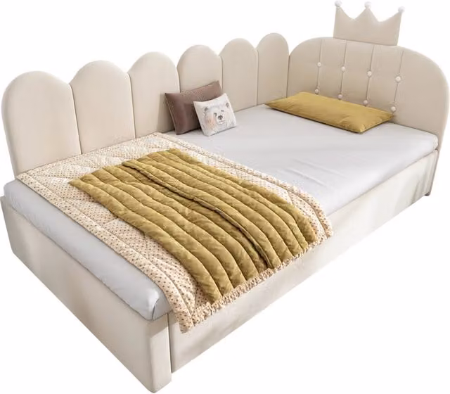 Letto singolo con letto estraibile 90x200/90x190 cm in velluto beige