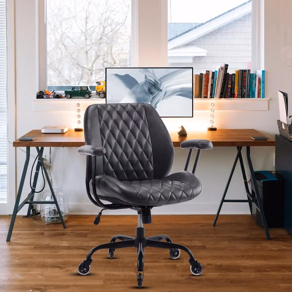 Sedia da ufficio ergonomica OKWISH in pelle nera con schienale regolabile e seduta con molle per casa e ufficio L: 56 cm, P: 58 cm, H: 33 cm – 2