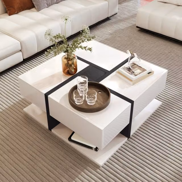 Tavolino da Salotto Lucido 78x78x36 cm con 4 Cassetti, Design Lineare e Colori Unici, Spazio Contenitivo Inferiore
