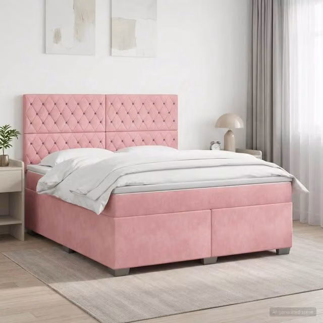Letto box spring ibrido vidaXL in velluto rosa con materasso a molle insacchettate e base contenitore, L/P: 160 x 200 cm
