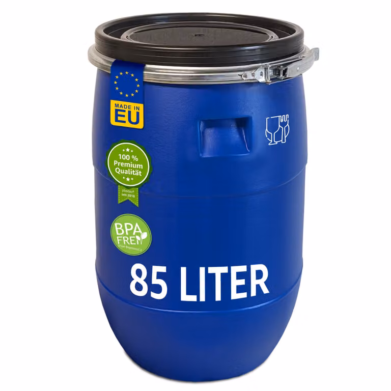 plasteo® Fusto a collo largo da 85 litri con coperchio + anello di serraggio Fusto di alimentazione sicuro per gli alimenti Fusto in plastica Fusto universale Tun di ammostamento con coperchio Fusto per crauti