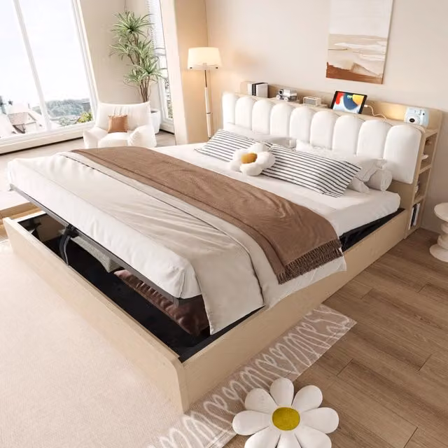 Letto contenitore 180 x 200 cm con contenitore idraulico, USB e luce notturna, matrimoniale in legno naturale con testiera imbottita e contenitori