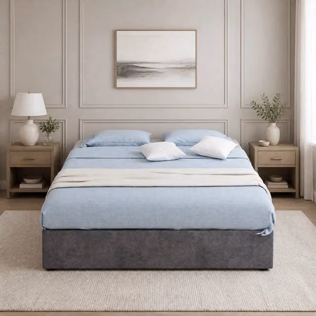 Letto contenitore Mivray con base lift up e testiera imbottita in tessuto grigio L/P: 140 x 200 cm