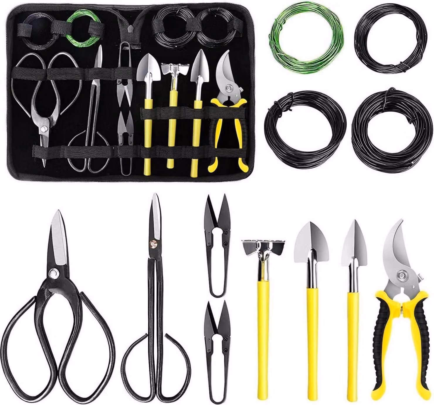 Set completo di attrezzi per bonsai 13 pezzi con forbici Mini rastrello Pala e filo di ferro Acciaio e alluminio di alta qualità Ideale per principianti ed esperti