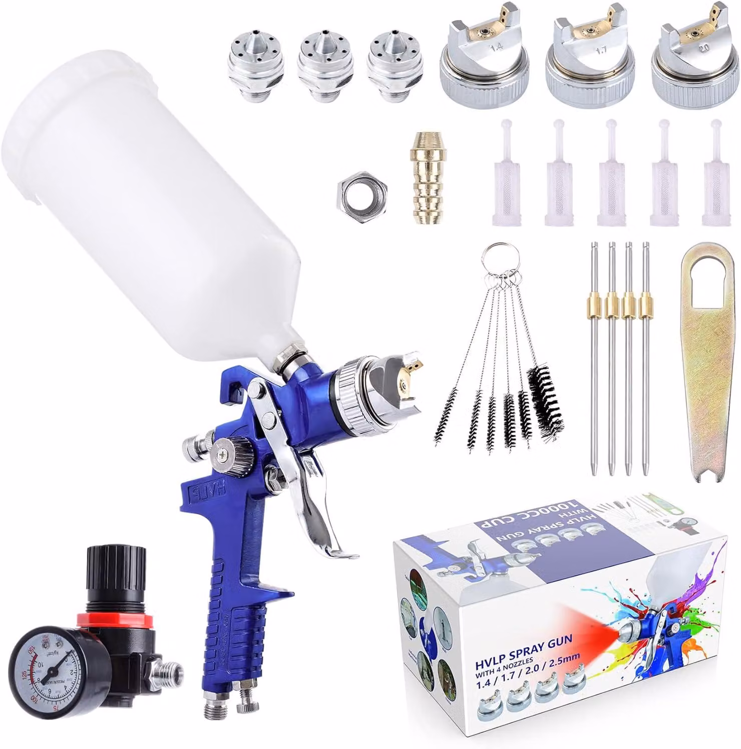 Pistole a spruzzo HVLP con 4 ugelli, da 1,4 mm a 2,5 mm, serbatoio da 1000 ml, per verniciatura