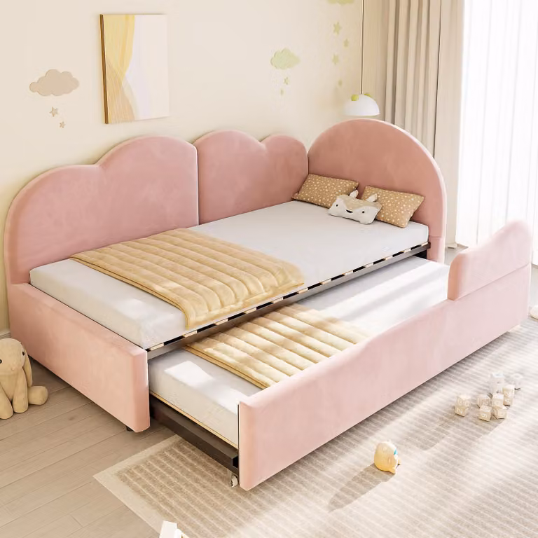 Letto imbottito STILVORA, 90x200/90x190 cm, con due materassi, struttura letto con divano letto estraibile a forma di L, divano letto con testiera imbottita effetto "nuvola", letto per bambini con design salvaspazio
