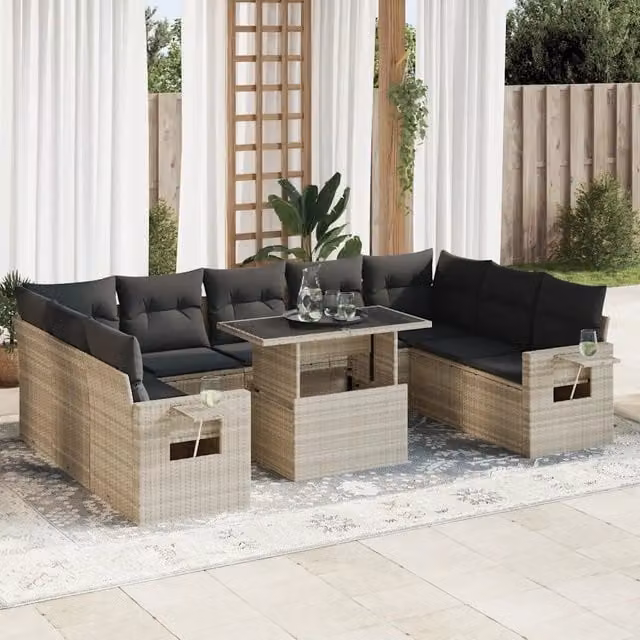 Set Divano da Giardino a Forma di U vidaXL in Polyrattan Grigio con Cuscini e Tavolino da Caffè – 1