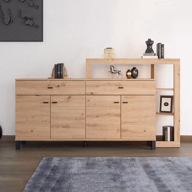 Madia Chefch DMORA, Credenza moderna con 2 cassetti in rovere marrone, L: 183 cm, P: 35 cm, H: 101 cm – 1