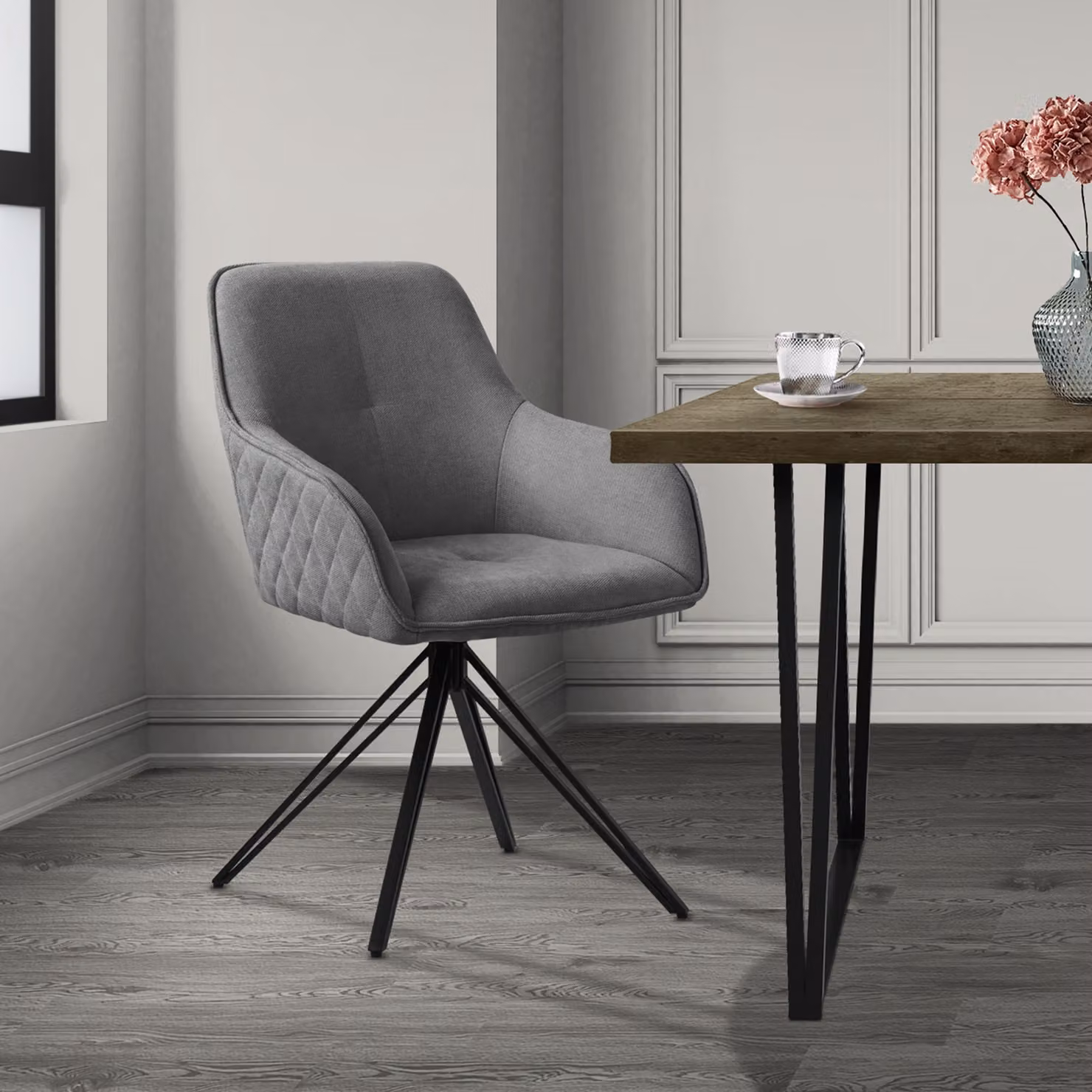 Sedia da pranzo girevole ML-Design, grigia, in tessuto intrecciato con gambe in metallo