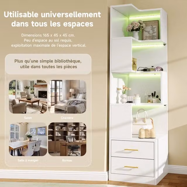 Libreria angolare OKWISH bianca con illuminazione LED, 4 ripiani aperti e 2 cassetti per soggiorno, camera da letto o ufficio, H 165 x L 45 x P 45 cm