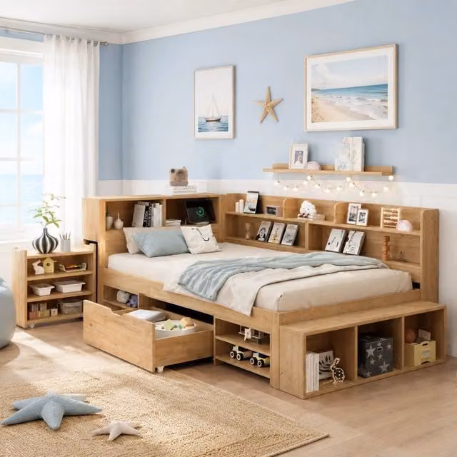 Letto singolo per bambini 90x200 cm in compensato naturale con spazio contenitore, mensole e ricarica wireless, senza materasso