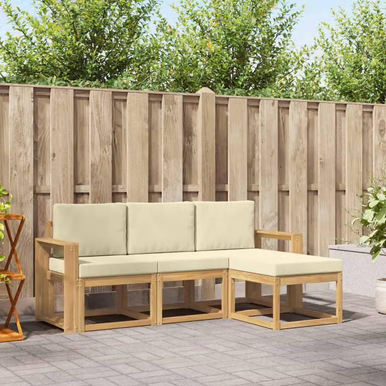 Set di divani da esterno vidaXL a forma di L in legno di acacia con cuscini, marrone e beige