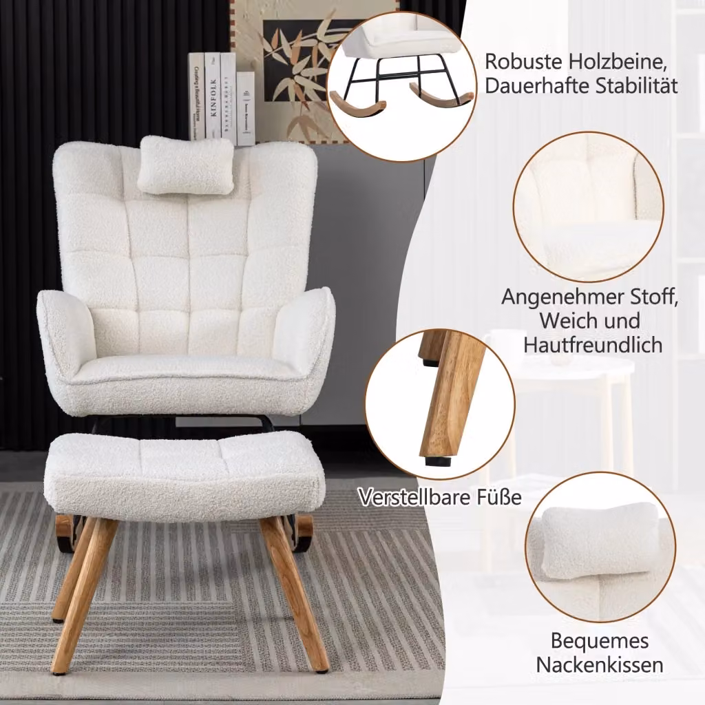 Poltrona a dondolo REDOM in tessuto Bouclé bianco con poggiatesta e poggiapiedi, H: 92 cm, L: 65 cm, P: 47 cm – 2