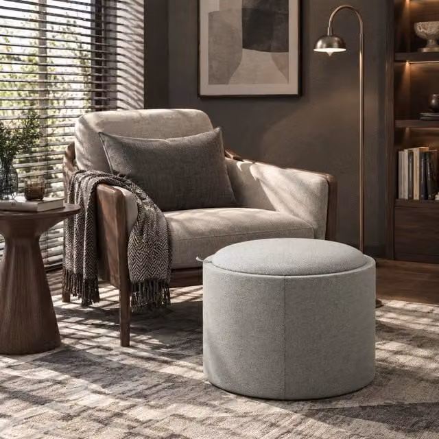 Pouf contenitore rotondo ULEVR ?56x42 cm con coperchio reversibile a vassoio, imbottito grigio effetto lino