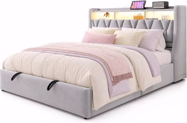 Letto matrimoniale 180x200 cm con contenitore idraulico; LED e USB-C in velluto grigio chiaro