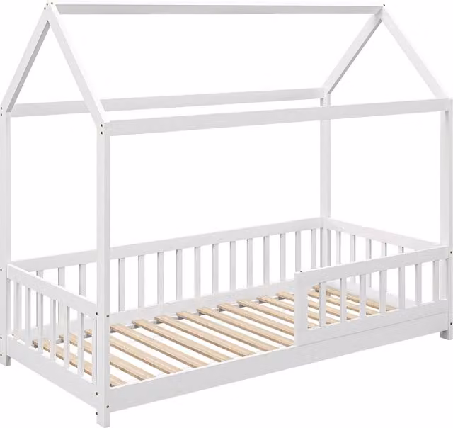 Letto per bambini HOMCOM a forma di casetta in legno di pino con doghe e recinzione di sicurezza, Colore Bianco, L: 195 cm, P: 96 cm, H: 165 cm – 1