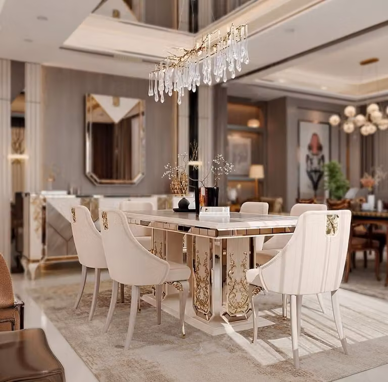 Set di mobili da pranzo di design: tavolo, 6 sedie, credenza con specchio